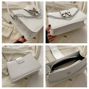 Detailed views of the white square crossbody bag showing silver bow buckle and inner pockets