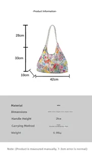 Floral canvas tote bag size dimensions 42x33x10cm with woven rope handles detail view