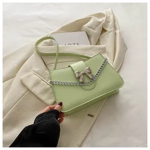 Close-up of light green crossbody bag with silver bow buckle and elegant metal chain