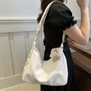 Chic cream white large capacity soft faux leather hobo shoulder bag with plush bear charm