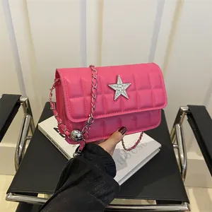 Quilted Small Square Bag Star Rhinestone Crossbody Bag Chain Strap PU Leather Shoulder Bag Fashion Handbag For Women