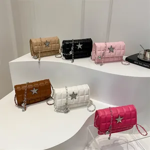 Quilted crossbody chain bags in six colors with rhinestone star buckles and metal charms