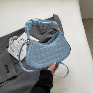 Women Quilted Ruched Handle Shoulder Bag PU Leather Crescent Crossbody Handbag Minimalist Fashion Small Square Purse Gift