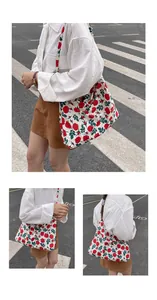 Detail of red rose floral pattern on high-capacity canvas tote bag with shoulder strap