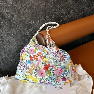 Women Floral Canvas Tote Bag Large Capacity Shopping Bag With Rope Handle Casual Ins Style Sunshine Printed Shoulder Bag