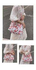 Detailed views of floral canvas tote bag showing large capacity and crossbody shoulder straps