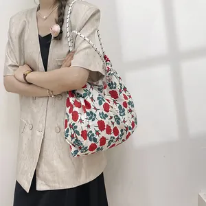 Floral print large canvas tote bag with black and white rope handles for casual style