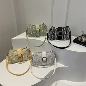 2024 New Women Tweed Underarm Bag With Metal Chain Leather Strap Tassels Large Buckle Chic Texture Shoulder Bag Crossbody Purse