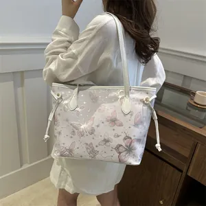 Grand sac cabas blanc chic avec imprimé papillon violet et cordons pour femmes