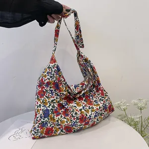 Women Stylish Floral Printed Canvas Tote Bag Large Capacity Casual Shoulder Bag Summer Fresh Floral Handbag For Daily Vacation