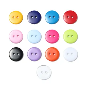 Assorted colorful round two-hole resin buttons in 13 vibrant shades on white background