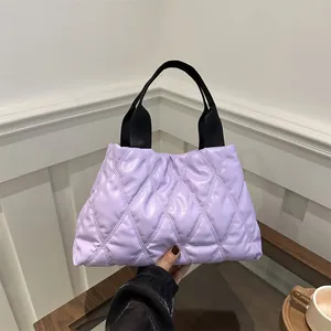 Sac Fourre-tout en Coton Matelassé Grande Capacité pour Femmes Motif Losanges Mode Sac à Épaule Léger Couleur Unie Sac à Main Décontracté