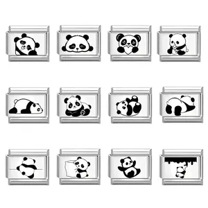 Maillon de Charme Italien en Acier Inoxydable Motif Panda Dessin Animé Accessoire de Bracelet Pour Bijoux Modulaires DIY Femmes
