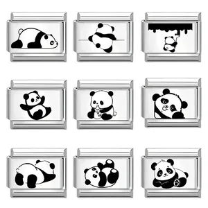 Set di 9 ciondoli italiani in acciaio inossidabile con varie illustrazioni di panda