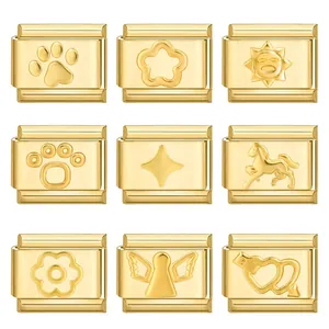 Charm Italiani in Acciaio Inossidabile Oro per Bracciale DIY con Rilievo Sole Fiore Cuore Zampa Angelo Accessorio Gioielli Modulare