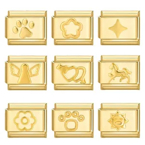 Set di 9 maglie charm italiane dorate con motivi a zampa, stella e cuore per bracciali modulari
