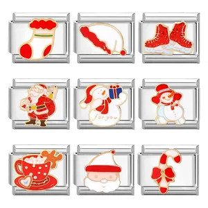 Italian modular charm links in stainless steel with colorful Christmas holiday designs