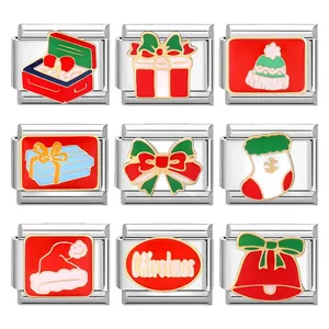 Italian charms set with 9 Christmas designs in red and green enamel on stainless steel