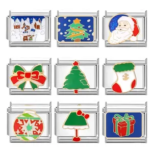 Nine-piece set of Christmas themed Italian charms links in stainless steel with colorful motifs