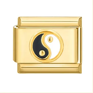 Gold stainless steel modular charm bead featuring a black and white Yin Yang symbol