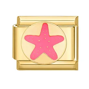 Abalorio modular italiano en oro con estrella de mar en esmalte rosa para pulseras DIY