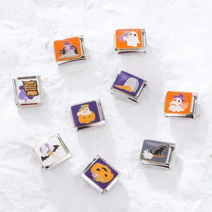 Halloween Italian modular charm link set featuring spooky enamel ghosts and pumpkins