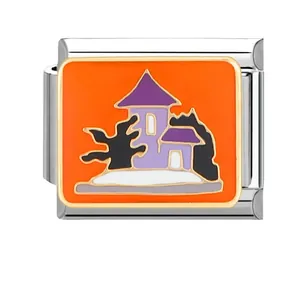 Italian modular charm featuring Halloween castle enamel design in stainless steel