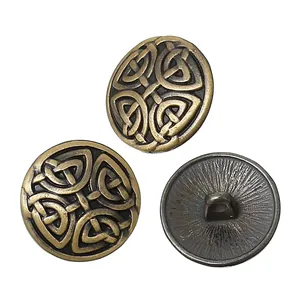 Macro shot of antique bronze Celtic knot buttons showing intricate patterns and shank backs