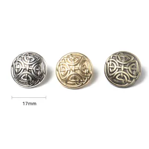 17mm round metal buttons with Celtic knot patterns in silver, gold, and antique bronze