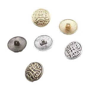Vintage round metal buttons with Celtic knot relief in gold, silver, and bronze finishes