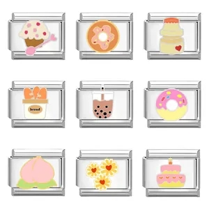 Charms modulari italiani in acciaio inossidabile con disegni di dolci e bevande smaltati