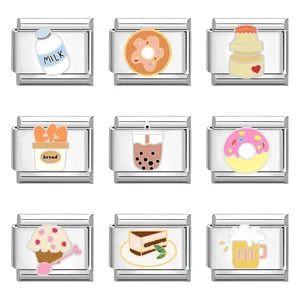 Set da 9 charm italiani in acciaio inossidabile con motivi alimentari in smalto colorato