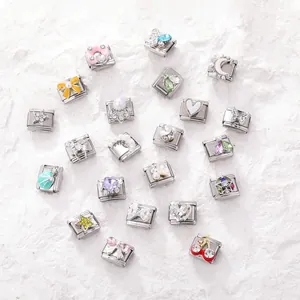 Italian charm links in stainless steel with enamel patterns and colorful crystals