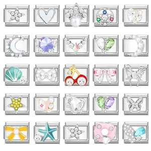 304 Stainless Steel Italian Charm Links For DIY Bracelet Making Enamel Rhinestone Heart Star Moon Crown Jewelry Charms For Women