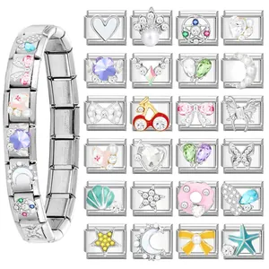 Italian charm bracelet kit with 24 interchangeable stainless steel modules and icons