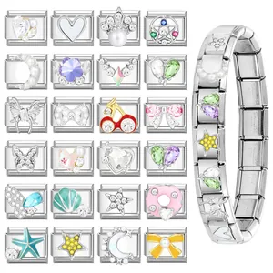 Italian charm bracelet with 304 stainless steel DIY modules and zircon butterfly designs