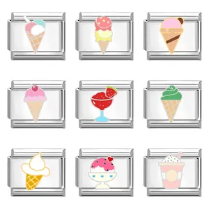 Stainless Steel Italian Charm Link Cartoon Ice Cream Dessert Enamel Charm For DIY Bracelet Making Women Girls Jewelry Gift