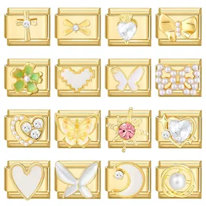 Italienischer Stil Edelstahl Charm Gold Beschichtet Armband Link Mit Emaille Künstliche Perle Strass Für Damen DIY Mode Schmuck Zubehör