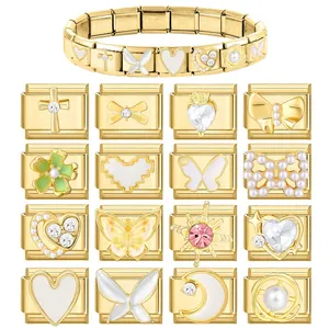 Edelstahl Modul-Armband mit goldenen Schmetterling- und Perlen-Charms für individuelles Design