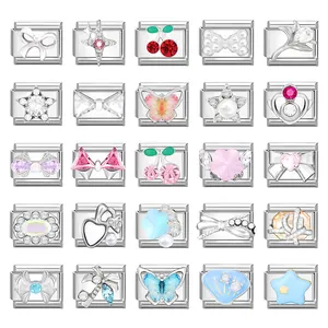 Maillons De Bracelet À Breloques Italiennes En Acier Inoxydable 304 Fleur Cœur Étoile Papillon Nœud Strass Émail Bijoux DIY Femmes