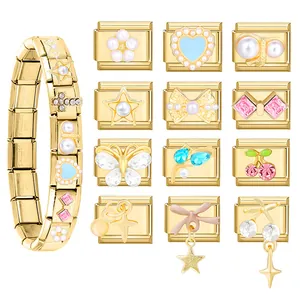 Gold stainless steel Italian charm bracelet set with various enamel and crystal links