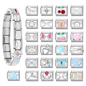 Bracelet à breloques italien en acier inoxydable avec charmes papillon et étoile