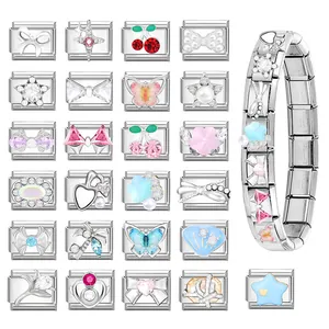 Bracelet à breloques italien en acier inoxydable 304 avec modules papillon en cristal
