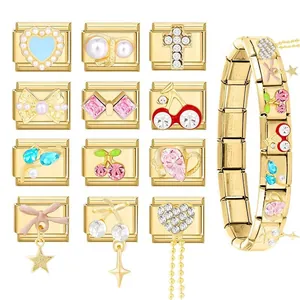 Italian style gold stainless steel charm bracelet with crystals and heart pendants