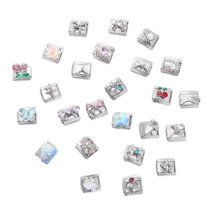 Breloques italiennes en acier inoxydable 304 avec cristaux colorés et papillons