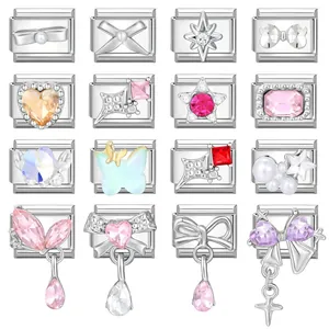 Stainless Steel Italian Charm Bracelet Links Modular DIY Jewelry Parts Rhinestone Enamel Heart Bow Star Flower Pendants