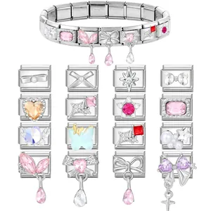 Polished stainless steel Italian charm bracelet with assorted DIY charms on white background