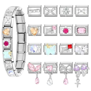 Modular stainless steel charm bracelet set with colorful crystals and various fashion pendants