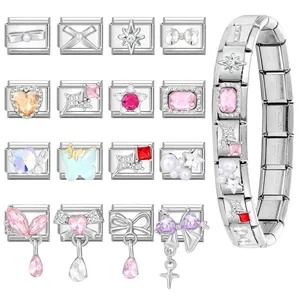 Italian charm bracelet set with 16 modular stainless steel links and crystal charms