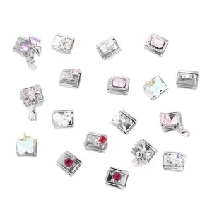 Italian modular charms in stainless steel with colorful zircon butterfly and heart designs